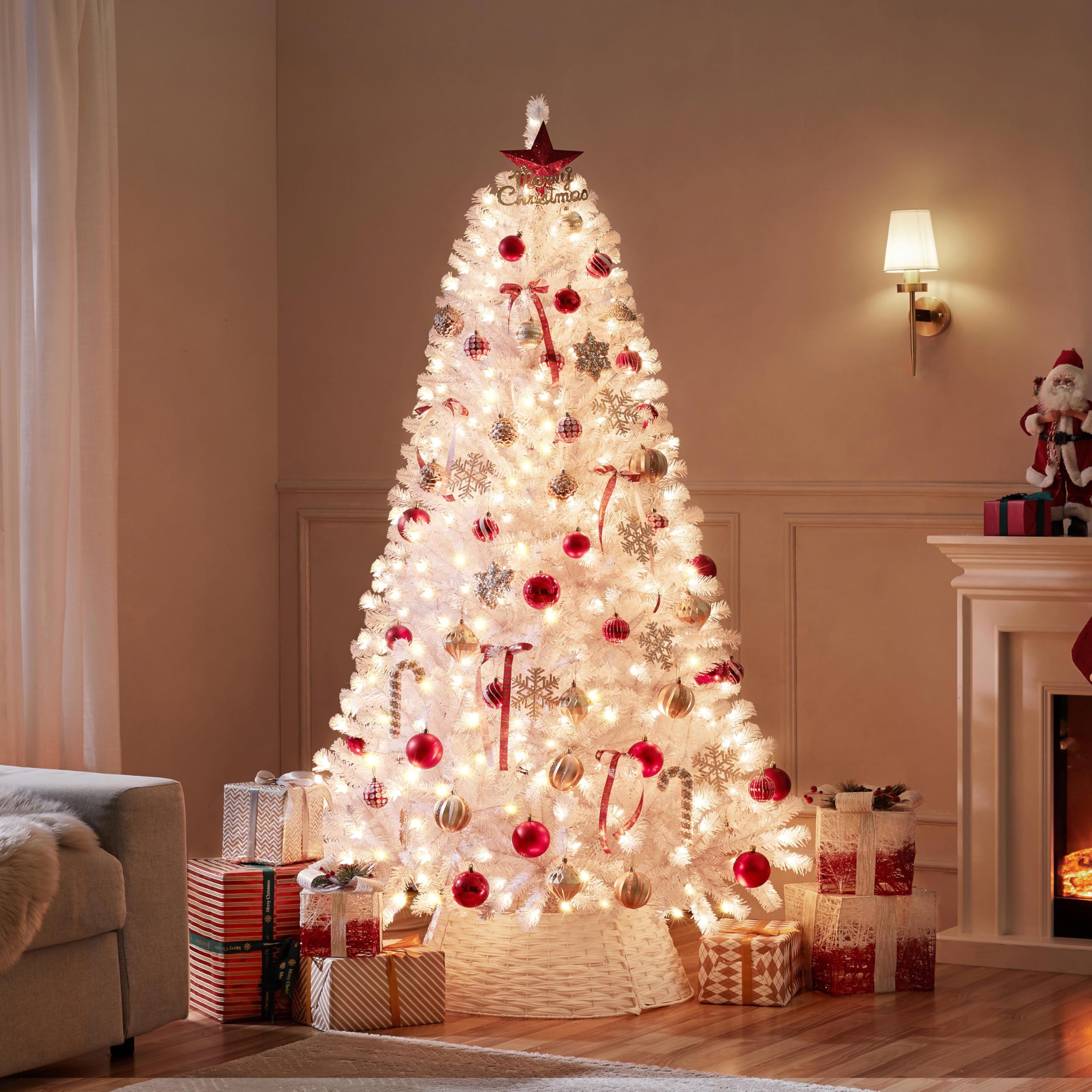 Yaheetech 6ft Pre-lit Spruce Artificial Hinged Christmas Pine Tree Prelighted Holiday Xmas Tree for Home Party Decoration with 3